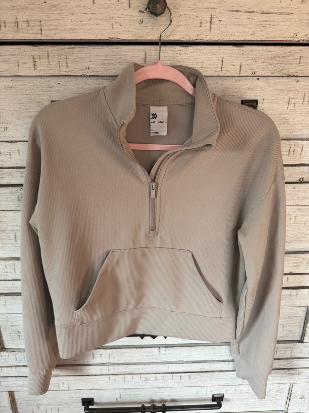 Cropped Ribbed Half-Zip Sweatshirt in Light Taupe - Picture 2 of 8